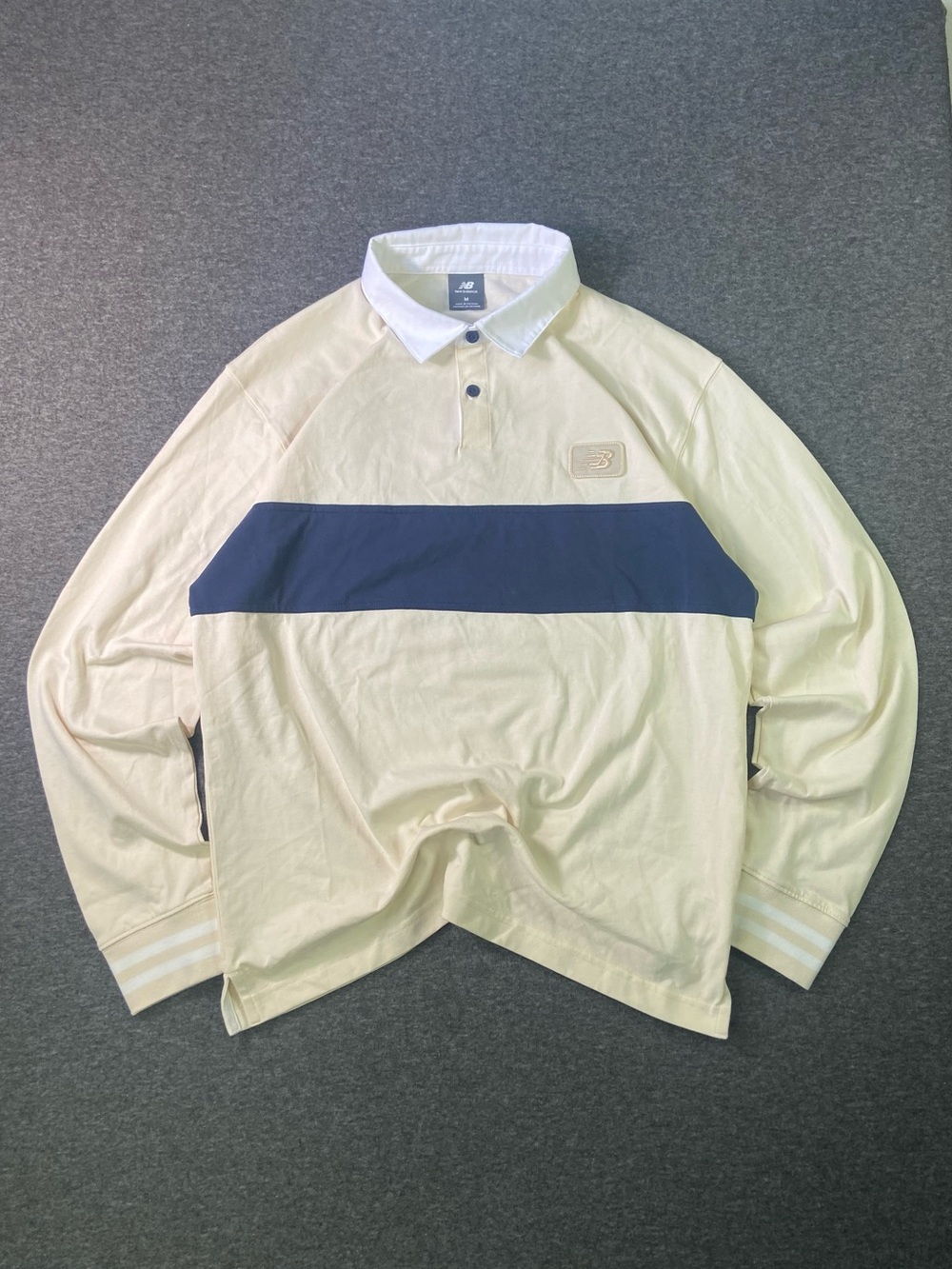 New Balance Long Sleeve Rugby Shirt Cream Navy Blue #26 - Men's Medium